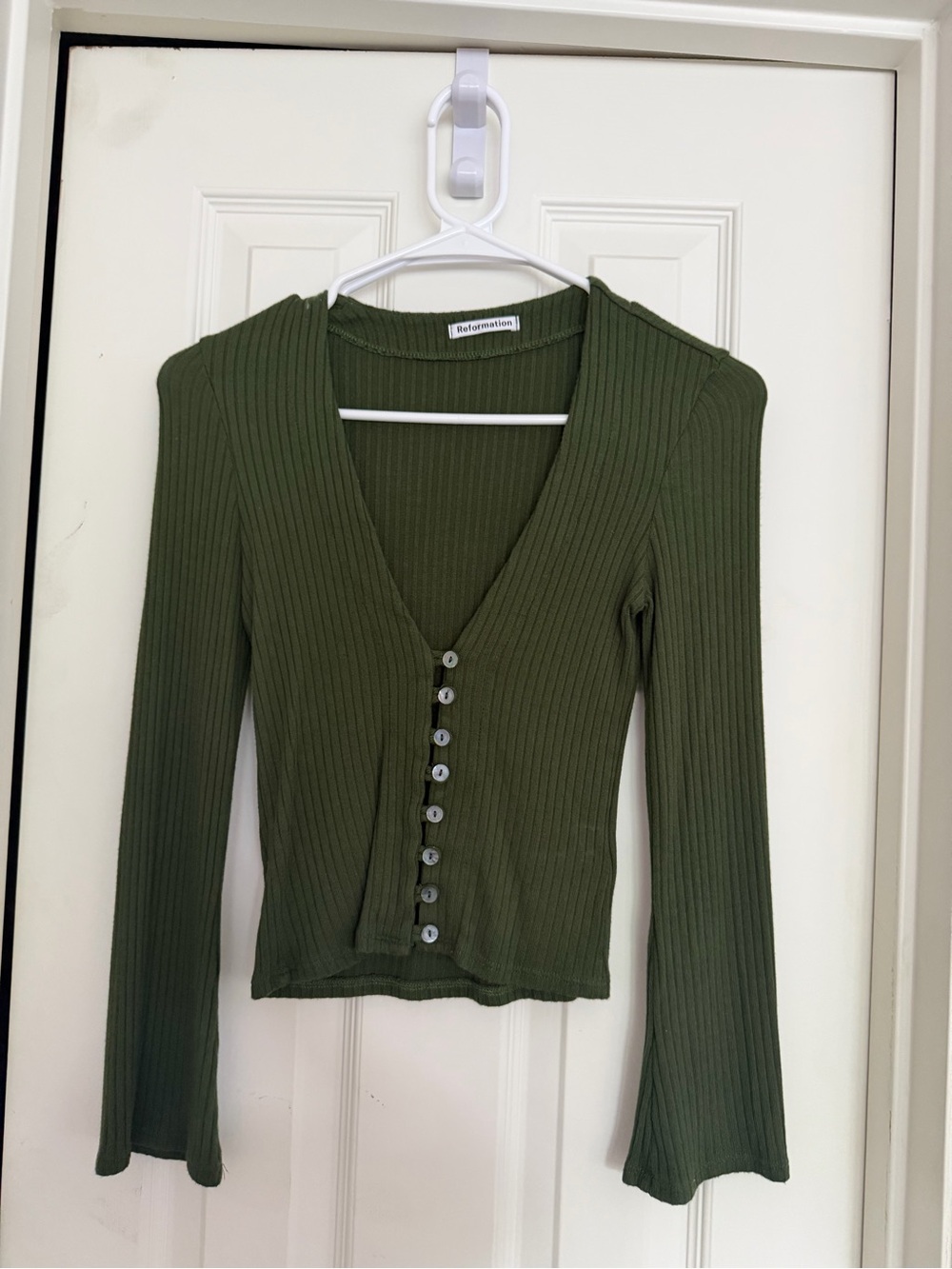 Reformation Olive Ribbed Button-Front V-Neck Long Sleeve Top